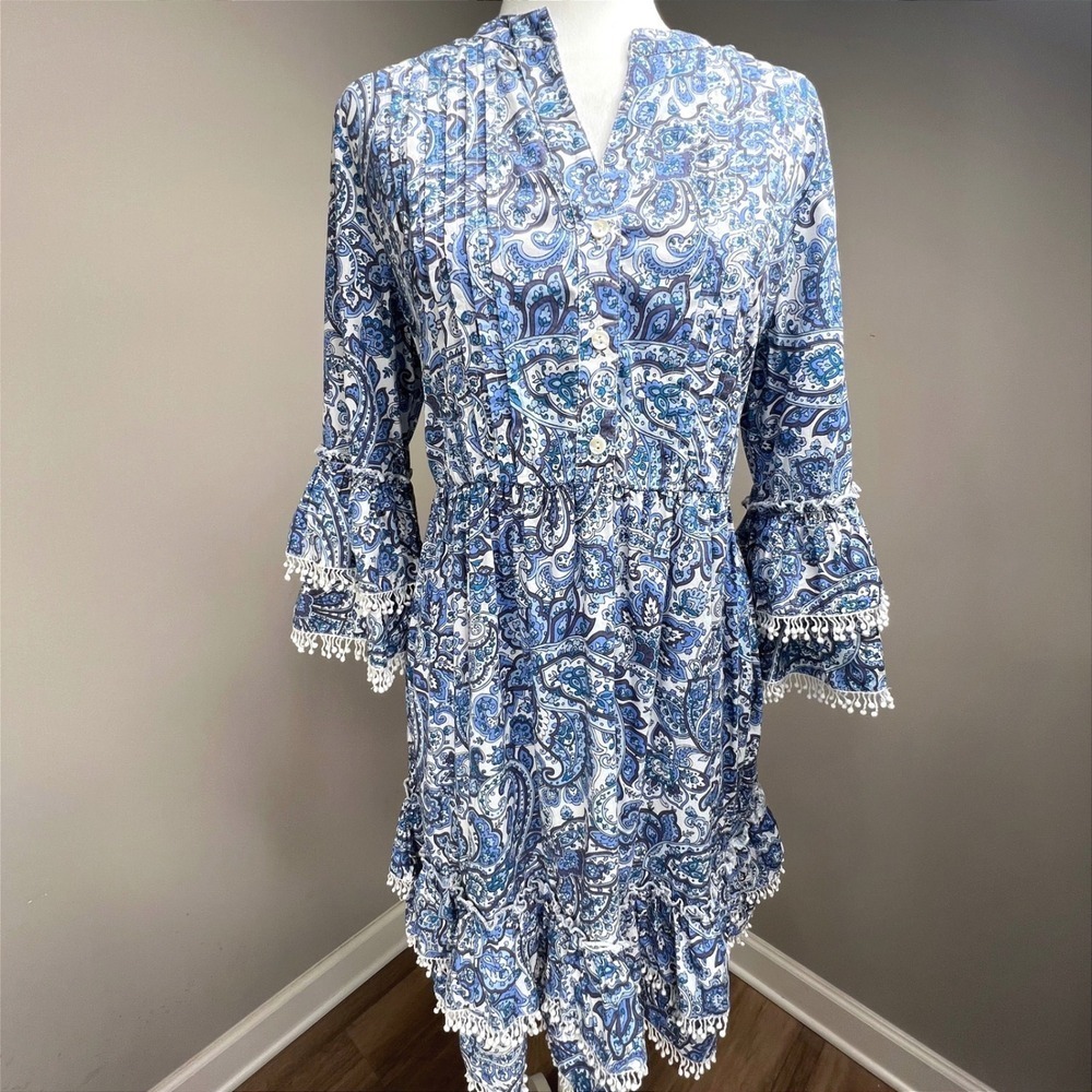 Soft Surroundings Petite Paisley Boho Dress Tassel‎ Bell Sleeve Mini